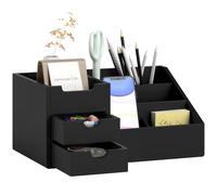 HOMCOM Organizador de Escritorio con 2 Cajones 33x20,5x15,5 cm Negro | Bambú, Organizador de Mesa, 6 Compartimentos y Estante, para Oficina Hogar