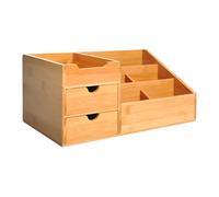 Homcom organizador de escritorio de bambú organizador de mesa con 2 cajones 6 compartimentos y estante para oficina hogar 33x20,5x15,5 cm natural
