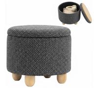 HOMCOM Otomana de almacenamiento, reposapiés redondo de tela de arpillera con tapa, patas de madera de goma, reposapiés para dormitorio, pasillo, sala de estar, 38,5 x 38,5 cm, gris oscuro