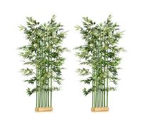 Homcom pack de 2 bambú artificiales 180 cm plantas artificiales con 1640 hojas maceta de madera de pino decoración para interior hogar 35x10x180 cm verde
