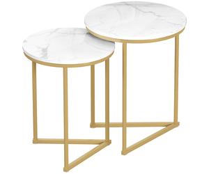 HOMCOM Pack de 2 Mesas Auxiliares Mesa de Centro Moderna con Patas de Acero Doradas para Salón Dormitorio Blanco y Dorado Aosom España