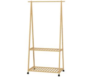 HOMCOM Perchero Burro para Ropa de Bambú con Ruedas 2 Estantes Abiertos y 2 Ganchos 84,5x43,5x158 cm Natural