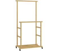 HOMCOM Perchero Colgador de Ropa de Bambú con Ruedas Estante para Zapatos 2 Barras para Colgar 80x40x160 cm Natural Aosom España