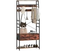 HOMCOM Perchero con 10 ganchos ajustables, zapatero, cajón de tela, barra para ropa, diseño industrial para pasillo, dormitorio, salón, marrón rústico, altura 180 cm