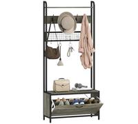 HOMCOM Perchero con Banco de Almacenamiento de Zapatos y Panel de Rejilla, Perchero Industrial 5 en 1 con Zapatero y 10 Ganchos para Pasillo, Entrada, Sala de Estar, Gris