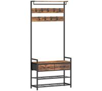 HOMCOM Perchero con ganchos, banco para zapatos, organizador industrial de entrada, estructura de acero, Marrón rústico