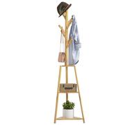 HOMCOM - Perchero con patas de madera de bambú, 8 percheros, 3 estantes, vestuario, 46 x 46 x 175 cm, mueble de entrada para ropa, sombreros, entrada, natural