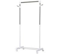 HOMCOM Perchero con Ruedas con Altura Ajustable, Ropa de Acero Soporte para Zapatos y Ganchos Laterales, 68,5 x 42 x 87-145 cm, Color Blanco