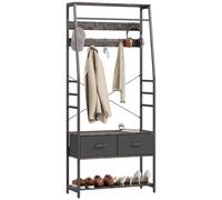 HOMCOM Perchero con zapatero, árbol de pasillo, perchero industrial con banco para zapatos, 10 ganchos extraíbles, 2 cajones de tela y riel para ropa para entrada, pasillo, gris