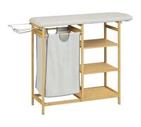 HOMCOM Perchero de Bambú con Tabla de Planchar, Estante de 3 Capas y Cesto de Poliéster, Cesto de la Ropa Extraíble y Desmontable, 113x34x82 cm, Color Madera y Gris