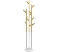 HOMCOM Perchero de Diseño con Paragüero y 12 Ganchos, Metal y Bambú, 30.5x30.5x174.5cm, Madera y Blanco