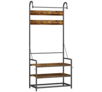 HOMCOM Perchero de Entrada con Barra, 10 Ganchos, Banco y Zapatero, en Madera y Metal, 80x40x182 cm, Marrón y Negro