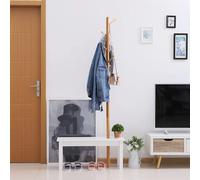 HOMCOM Perchero de Pie con Banco Colgador Tipo Árbol 6 Ganchos Bambú 80x30x180cm Blanco