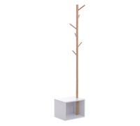 HOMCOM Perchero de Pie con Zapatero Colgador Tipo Árbol Moderno 6 Ganchos para Colgar Ropa Bolsa Banco con Almacenamiento Pasillo Entrada Bambú y MDF 40x30x180cm