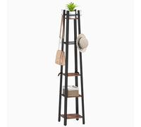 HOMCOM Perchero de Pie de 4 Niveles, con 4 Estantes, 8 Ganchos, Perchero de Entrada Recibidor con Estructura Metálica, para Colgar Ropa, Sombrero, en Pasillo, Sala de Estar, Dormitorio, Marrón Rústico