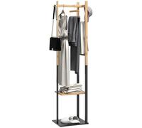 HOMCOM Perchero de Pie de Bambú, con 2 Estantes, 2 Ganchos, 5 Barras, Perchero de Entrada Recibidor con Estructura de Acero, para Colgar Ropa, en Pasillo, Sala de Estar, Dormitorio, Natural y Negro