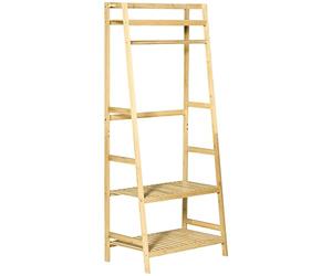 HOMCOM Perchero de Pie de Bambú Perchero Trapezoidal con Estantería de 3 Niveles con Barra y Colgador Lateral para Ropa Bolsas para Pared Dormitorio 70x42x164 cm Natural