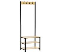 HOMCOM Perchero de Pie Zapatero 3 Estantes 60x40x175 cm Negro y Natural | Perchero Metálico, 4 Ganchos, para Colgar Ropas, para Pasillo Entrada