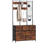 HOMCOM Perchero Zapatero 4 en 1 Perchero Entrada Recibidor con Zapatero 14 Ganchos 7 Cajones de Tela y Estante Estilo Industrial para Pasillo Dormitorio Salón 100x30x183 cm Marrón Rústico