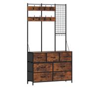 HOMCOM Perchero Zapatero 4 en 1 Perchero Entrada Recibidor con Zapatero 14 Ganchos 7 Cajones de Tela y Estante Estilo Industrial para Pasillo Dormitorio Salón 100x30x183 cm Marrón Rústico