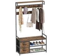 HOMCOM Perchero Zapatero 6 en 1 2 Cajones 100x40x180 cm Marrón Rústico | Perchero Entrada Recibidor, Zapatero Doble, 10 Ganchos Ajustables, Barra Colgante, Estilo Industrial, para Pasillo