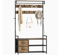 HOMCOM Perchero Zapatero 6 en 1, Perchero Entrada Recibidor con Banco, Zapatero Doble, 10 Ganchos Ajustables, 2 Cajones, Barra Colgante, Estilo Industrial, para Pasillo, 100x40x180 cm, Marrón Rústico