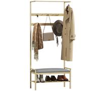 HOMCOM Perchero Zapatero con 10 Ganchos Recibidor 73,5x34x171 cm Natural | Perchero Entrada, Banco Zapatero, Barra Superior, Compartimento, para Pasillo Dormitorio