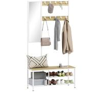 HOMCOM Perchero Zapatero con Espejo, Perchero Entrada Recibidor 4 en 1 con 3 Estantes, Banco, 10 Ganchos Ajustables, Estilo Moderno, para Pasillo, Dormitorio, Salón, 98x34x186 cm, Madera Natural