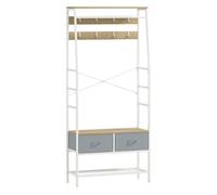 HOMCOM Perchero Zapatero Perchero Entrada Recibidor con Zapatero 8 Ganchos 2 Cajones de Tela Barra Estante de Malla Estilo Industrial para Colgar Ropa Pasillo Dormitorio Salón 80x30x180,5 cm Natural