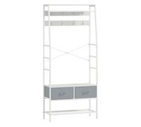 HOMCOM Perchero Zapatero Perchero Entrada Recibidor con Zapatero 8 Ganchos 2 Cajones de Tela Barra Estante de Malla Estilo Industrial para Colgar Ropa Pasillo Dormitorio Salón 80x30x180,5 cm Blanco