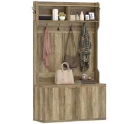 HOMCOM Perchero Zapatero, Perchero Recibidor con 2 Puertas, Estantes Abiertos, 6 Ganchos, para Pasillo, Dormitorio, Salón, Estilo Moderno, 100x38x172 cm, Roble