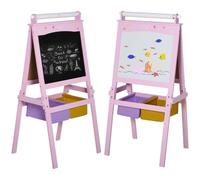 HOMCOM Pizarra Infantil Caballete 3 en 1 para Niños 58,5x50,5x118 cm Rosa | Caballete Infantil de Doble Soporte, +3 Años, Papel en Rollo, 2 Cestas de Almacenaje
