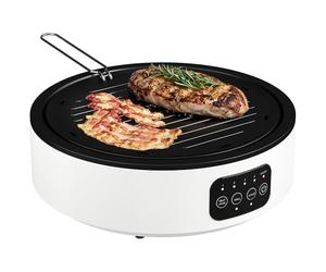 HOMCOM Placa de cocción infrarroja vitrocerámica con placa grill, 2 modos, LED de control táctil 2000 W Placa de cocción de 36 cm con 4 posiciones de calor, bandeja recogegrasa, para todas las ollas