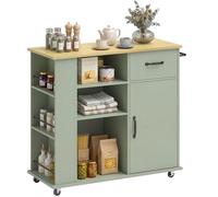 HOMCOM - Postre de cocina con ruedas, isla central con cajón, puerta, compartimentos abiertos, estante ajustable y portaespecias, carrito de almacenamiento para comedor, 96,5 x 38 x 87 cm, verde