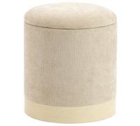 HOMCOM Puf arcón de almacenamiento, taburete redondo de chenilla, puf reposapiés con base de metal efecto madera, beige