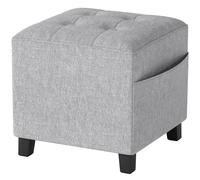 HOMCOM Puf cuadrado, otomana pequeña con bolsillo lateral, reposapiés de tela con efecto lino y patas de madera de caucho, Gris claro