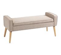 HOMCOM Puff Almacenaje Banco Almacenaje Tapizado en Lino Sintético con Tapa Abatible y Patas de Madera para Dormitorio Salón Entrada Carga 120 kg 120x45x54 cm Beige