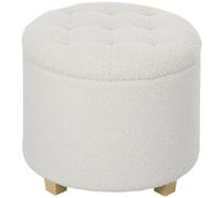 HOMCOM Puff Almacenaje, Baúl de Almacenaje Redondo 40,5L, 45x45x41 cm, Tapizado en Borreguillo, Taburete Reposapiés con Patas de Madera, Asiento Acolchado, para Salón, Dormitorio, Entrada, Blanco