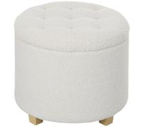 HOMCOM Puff Almacenaje Baúl de Almacenaje Redondo 40,5L 45x45x41 cm Tapizado en Borreguillo con Patas de Madera Blanco