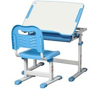 HOMCOM Escritorio Infantil 2 en 1 Juego de Escritorio y Silla para Niños de +6 Años con Altura Ajustable Mesa Regulable en Ángulo y Bandeja Deslizante 66x47x77 cm Azul Aosom España