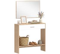 HOMCOM Recibidor de Entrada con Espejo, Cajón y Estante, Mueble de Recibidor de 2 Piezas con Mesa Consola y Espejo, Diseño Antivuelco, para Pasillo, 91,5x27,9x85,5 cm, Roble