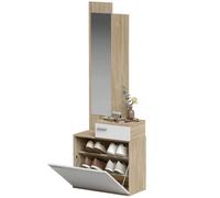 HOMCOM Recibidor de Entrada con Espejo Zapatero Abatible 61x30x170cm Blanco | Mueble Recibidor de 2 Piezas, Cajón, Mesa Pequeña para Pasillo