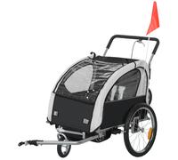 HOMCOM Remolque de bicicleta infantil 2 en 1 con cinturón de seguridad de 5 puntos, reflectores, bandera y cortavientos, negro