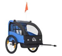 Homcom remolque de bicicleta para niños +18 meses cochecito para transporte de 2 plazas con cinturón de seguridad espacio de almacenamiento y sistema de amortiguador 140x88x90 cm azul