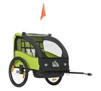 Homcom remolque de bicicleta para niños +18 meses cochecito para transporte de 2 plazas con cinturón de seguridad espacio de almacenamiento y sistema de amortiguador 140x88x90 cm verde