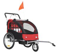 HOMCOM Remolque de bicicleta para niños 2 en 1 con cinturón de seguridad de 5 puntos reflectores bandera y cortina cortavientos Rojo Aosom España