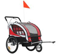 HOMCOM Remolque para bicicleta infantil 2 en 1 cochecito para bebé 2 plazas con arnés de seguridad de 5 puntos, reflectores, banderín, rojo