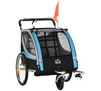 HOMCOM Remolque para niños, Cochecito, Cinturón de seguridad de 5 puntos, Enganche universal, Acero, Azul, 142 x 75 x 101 cm