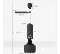 HOMCOM Saco de Boxeo de Pie 155-205 cm, Saco de Boxeo con Barra Giratoria de 360°, Bola de Velocidad y Base Rellenable, Punching Negro