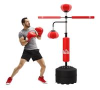 HOMCOM Saco de Boxeo de Pie, 160-230 cm, Saco de Boxeo con Barra Giratoria de 360°, 2 Bolas de Velocidad y Base Rellenable, Punching Ball para Adultos y Niños, Entrenamiento MMA, Muay Thai, Rojo